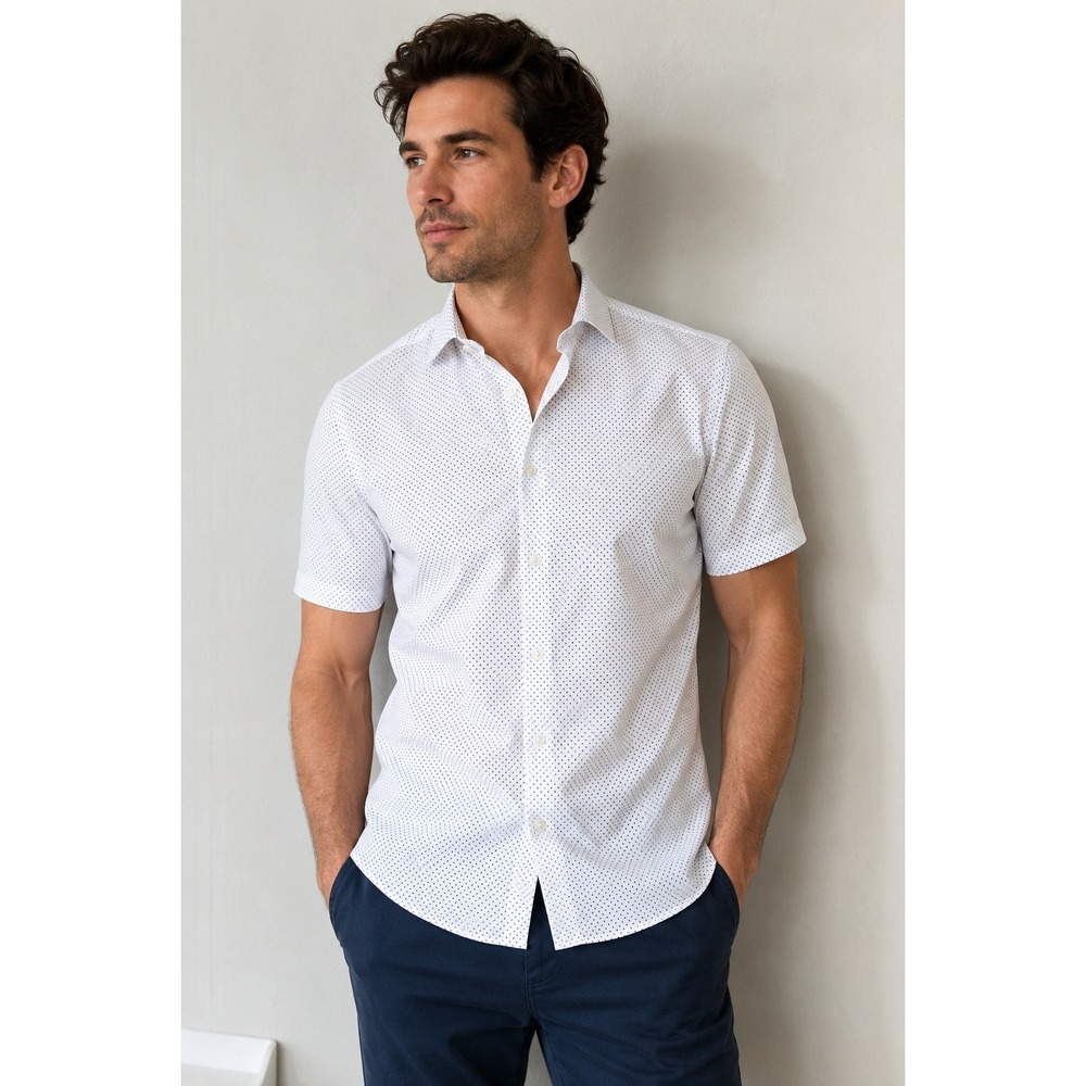 H&M Slim Fit White Blue Micro Dot Short Sleeve Button-Up Shirt Men's S coastal